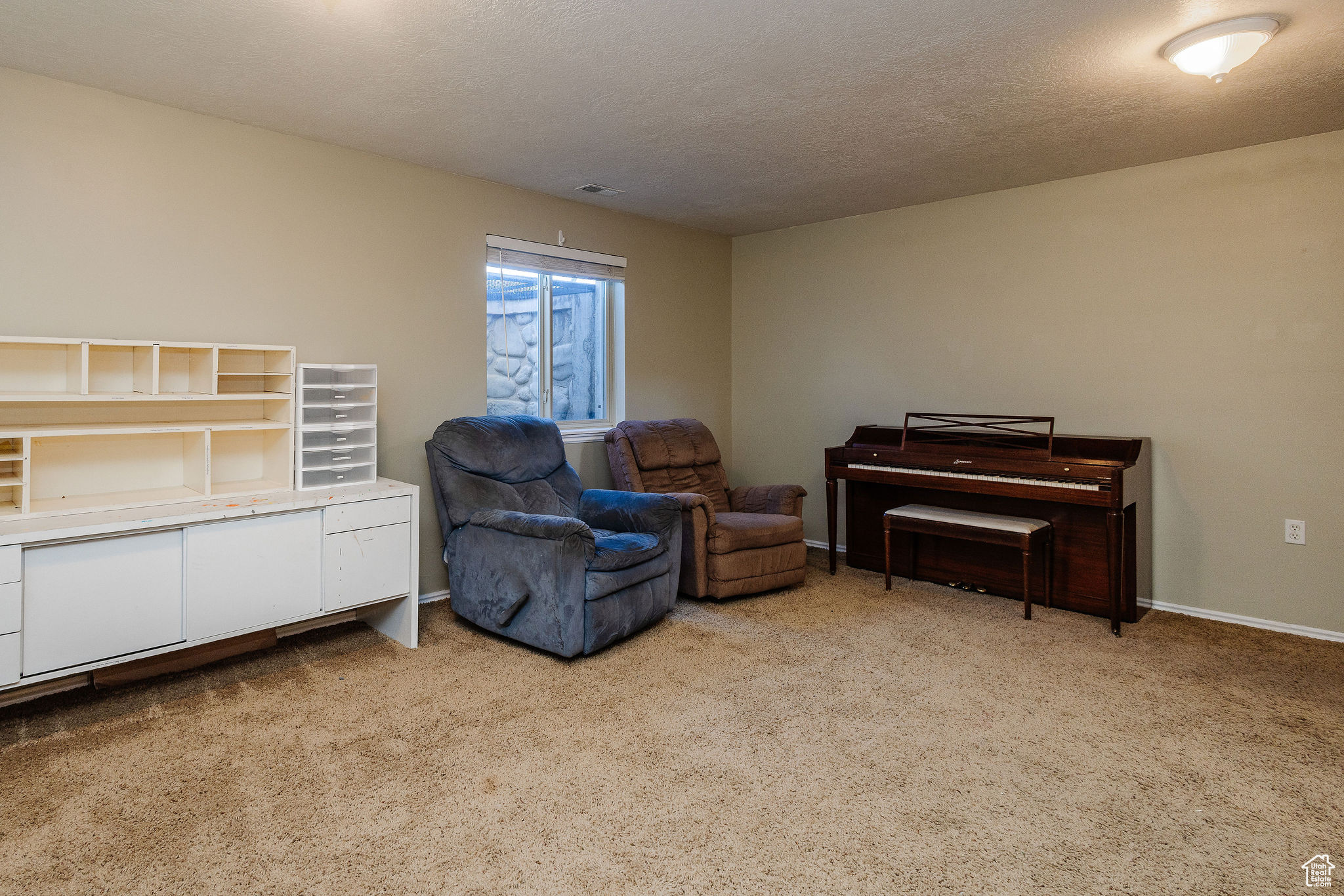 Lower level living area featuring light colored carpet and a textured ceiling. Open and large for multi-use.