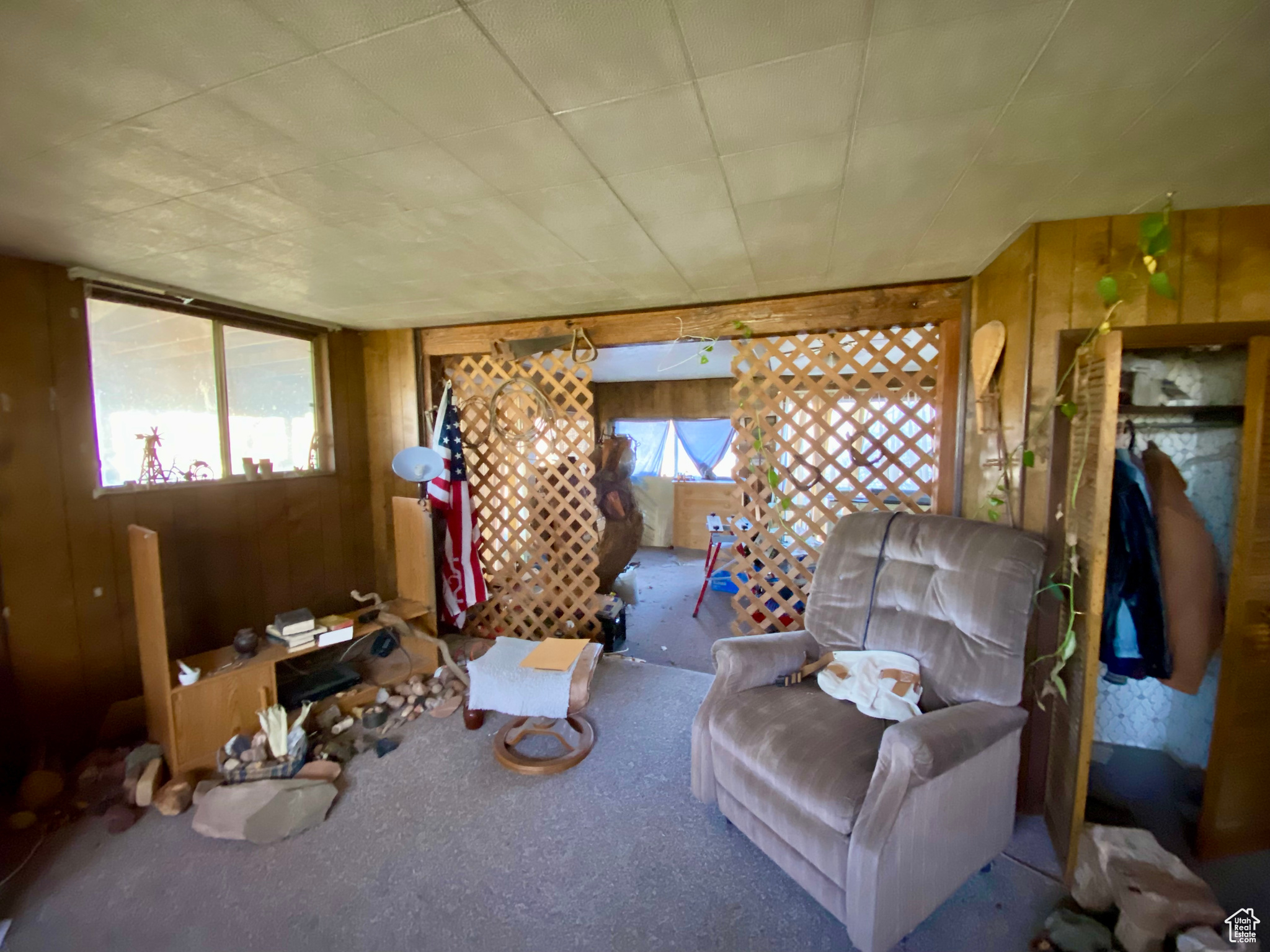 Carpeted living room with plenty of natural light and wooden walls