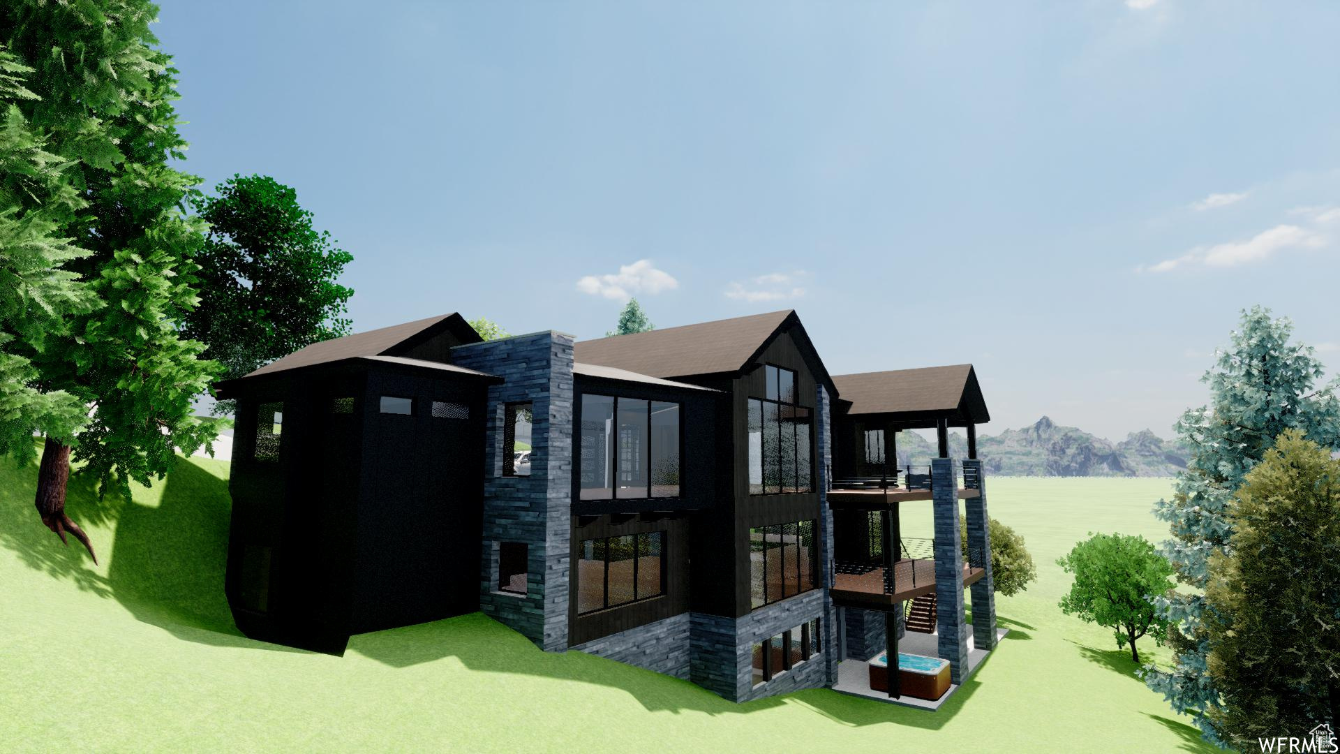 Exterior space with a yard and a balcony