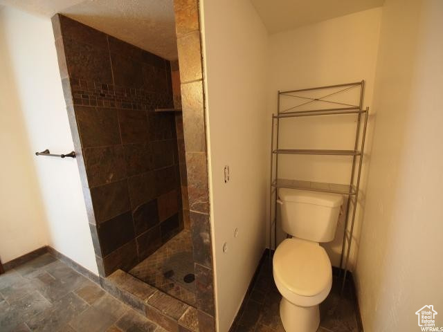 Lower level bathroom with toilet, tile floors, and a tile shower