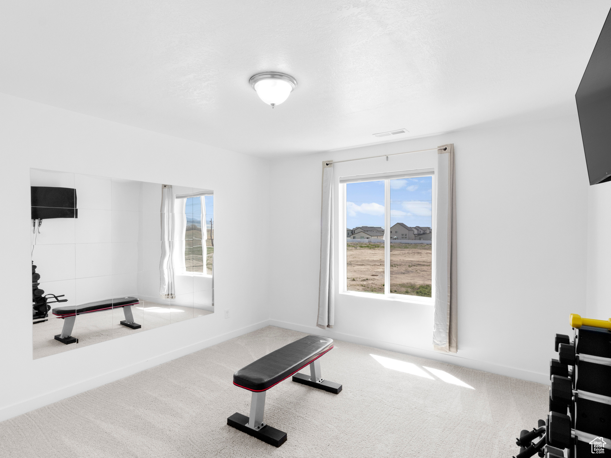 Workout room featuring light carpet