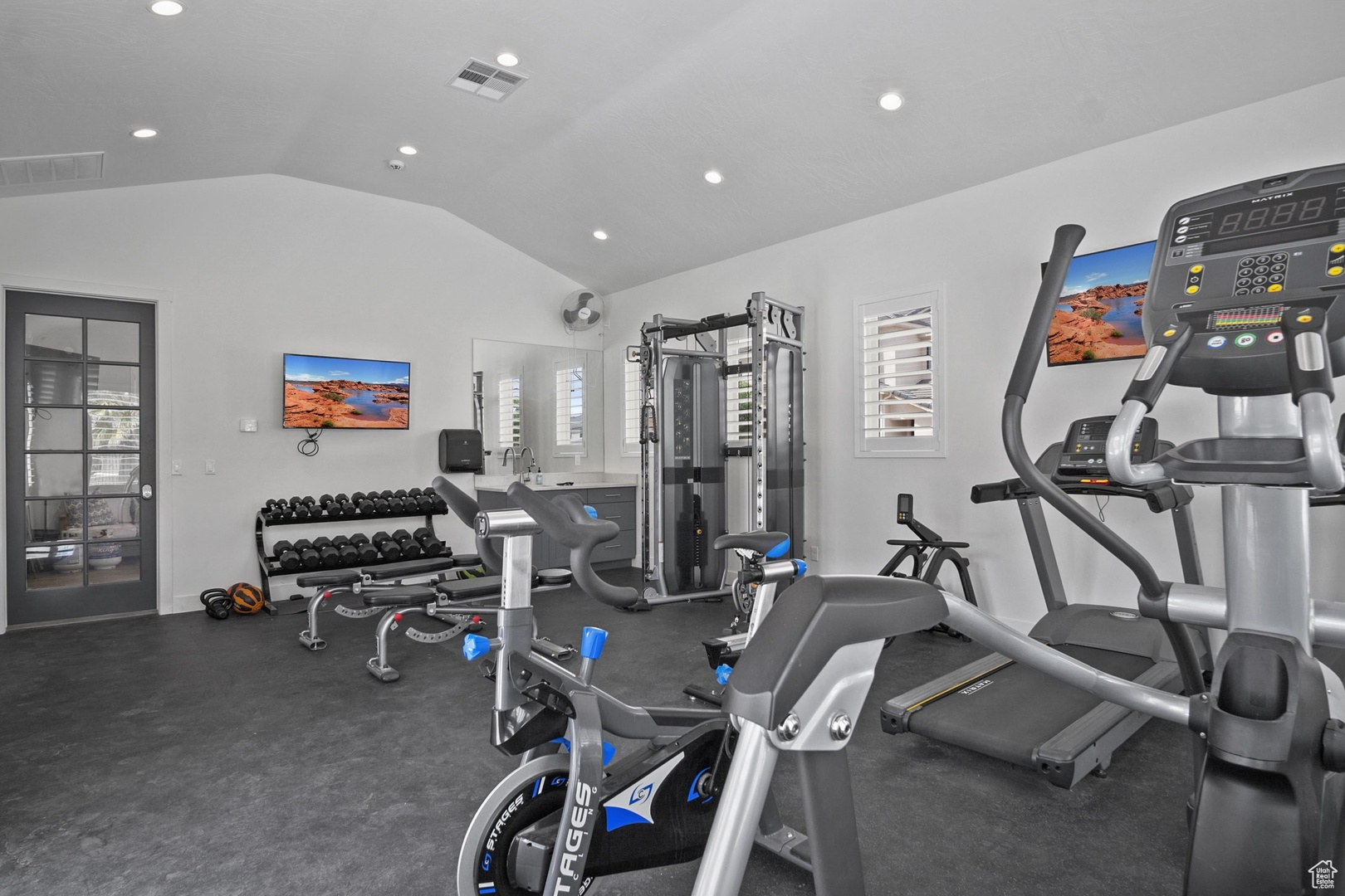 Gym featuring lofted ceiling and a healthy amount of sunlight