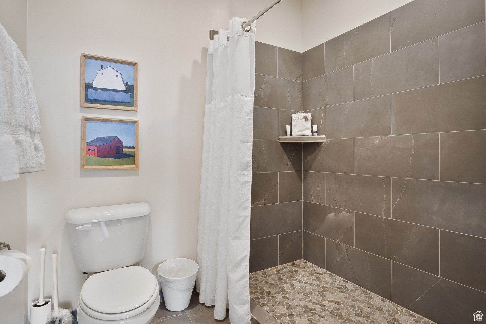 Bathroom with a shower with curtain and toilet