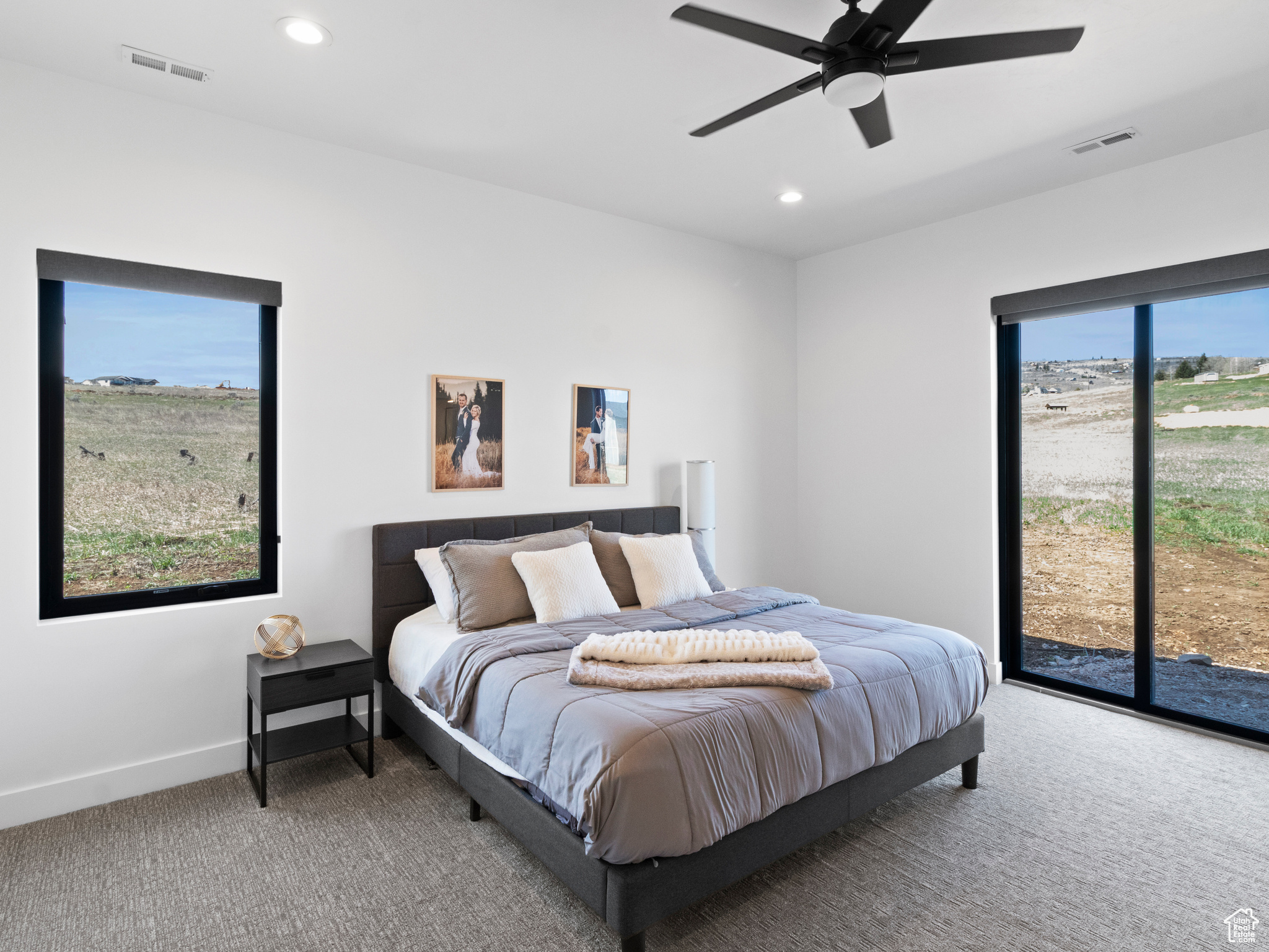 Carpeted bedroom with ceiling fan, access to outside, and multiple windows