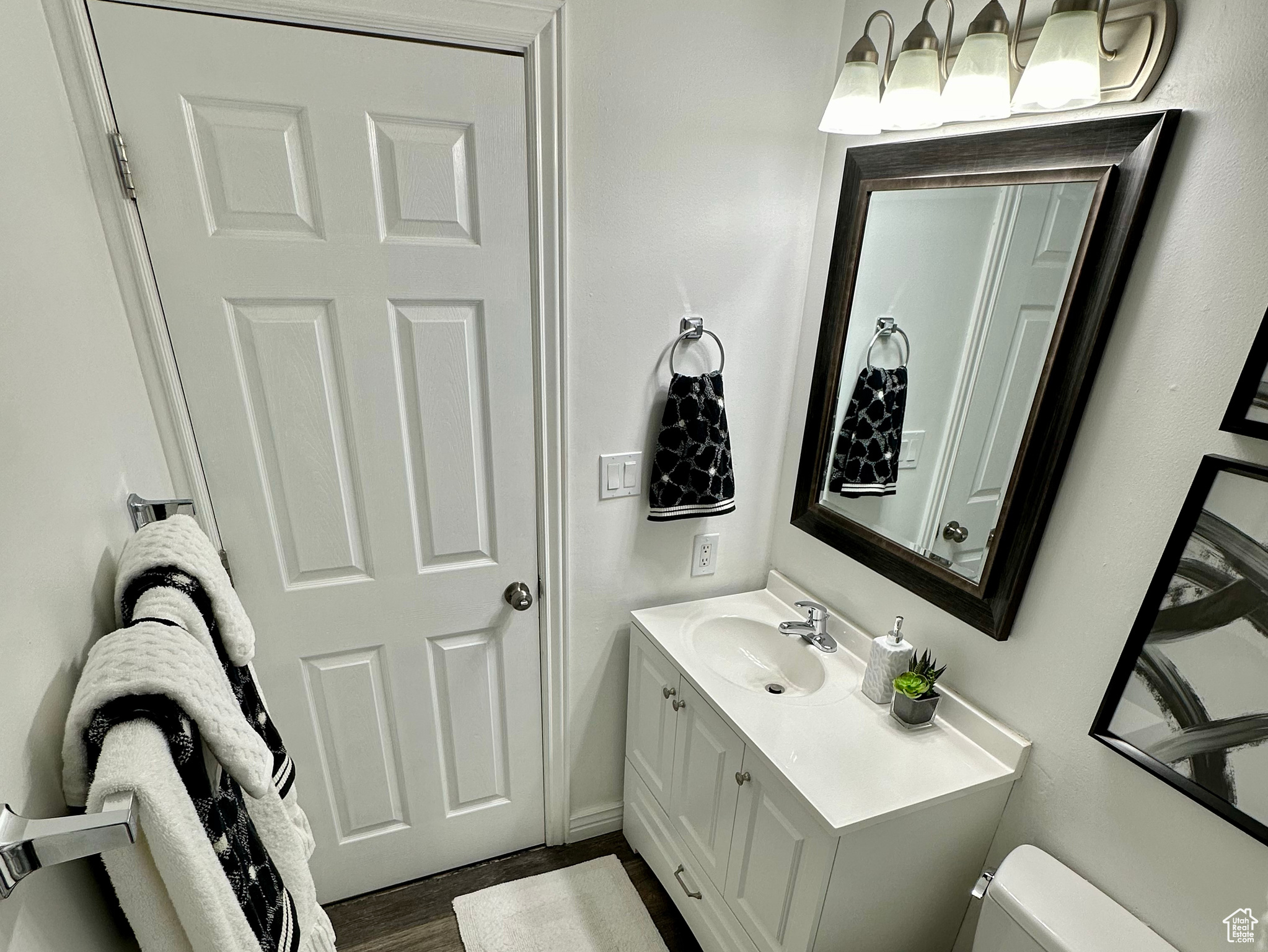 Bathroom featuring toilet, vanity, and hardwood / wood-style floors