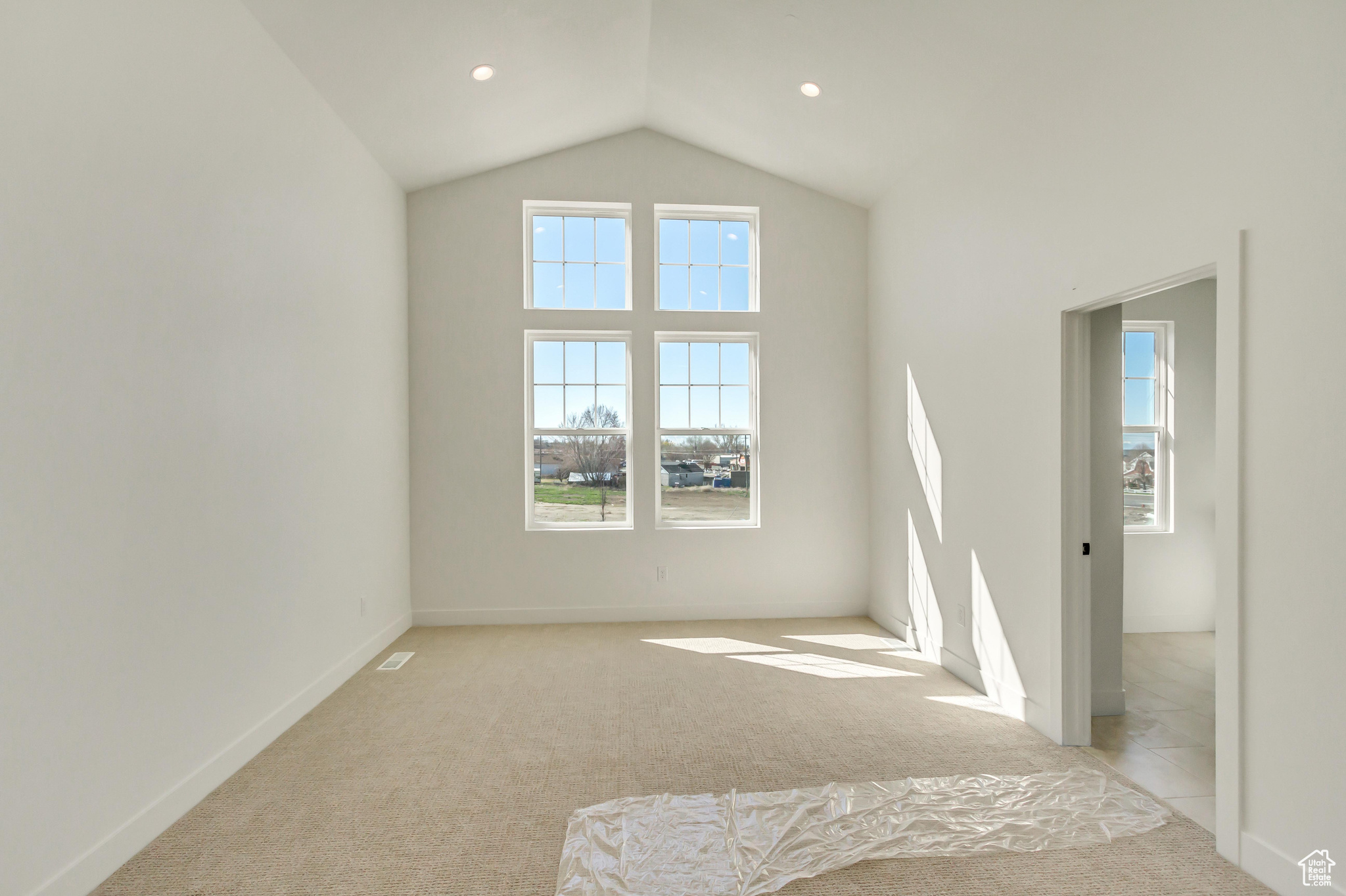 Unfurnished room with a healthy amount of sunlight, light colored carpet, and vaulted ceiling
