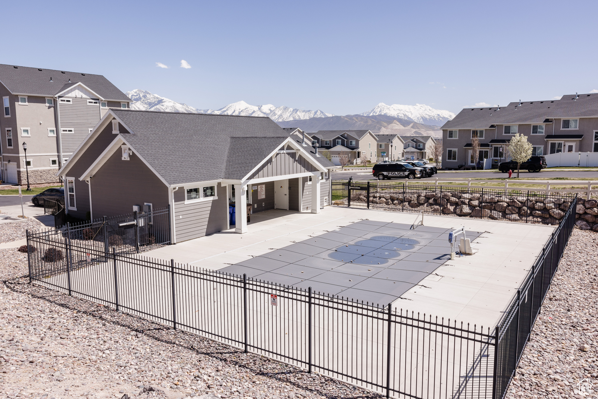 Exterior space featuring a mountain view and a garage