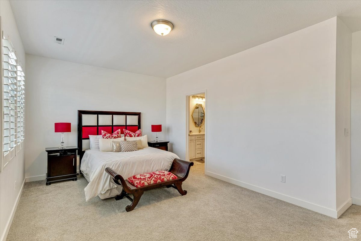 Master Bedroom with ensuite bath and light colored carpet