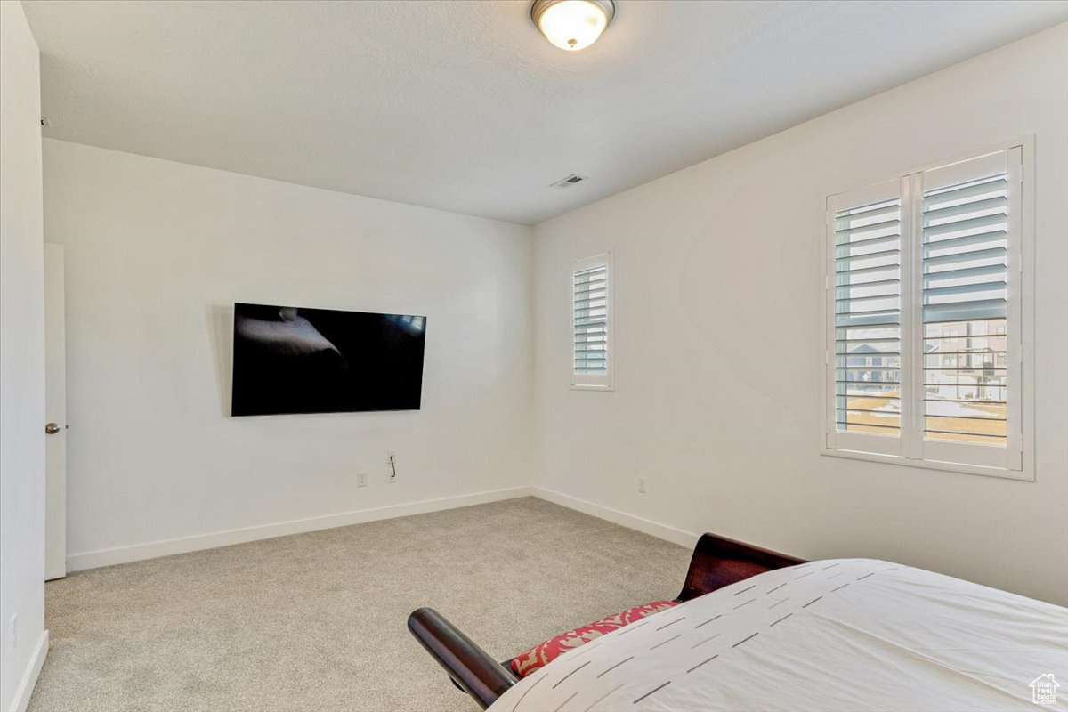 Carpeted master bedroom with multiple windows