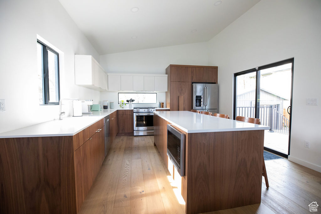 Kitchen featuring a center island, light hardwood / wood-style flooring, a wealth of natural light, stainless steel appliances, and vaulted ceiling