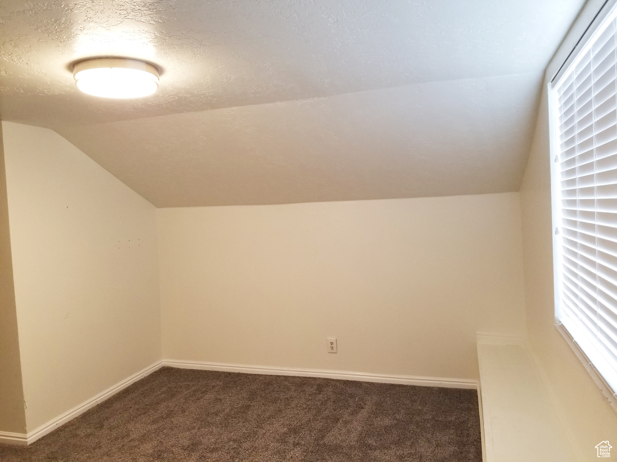 Additional living space with a textured ceiling, dark carpet, and vaulted ceiling