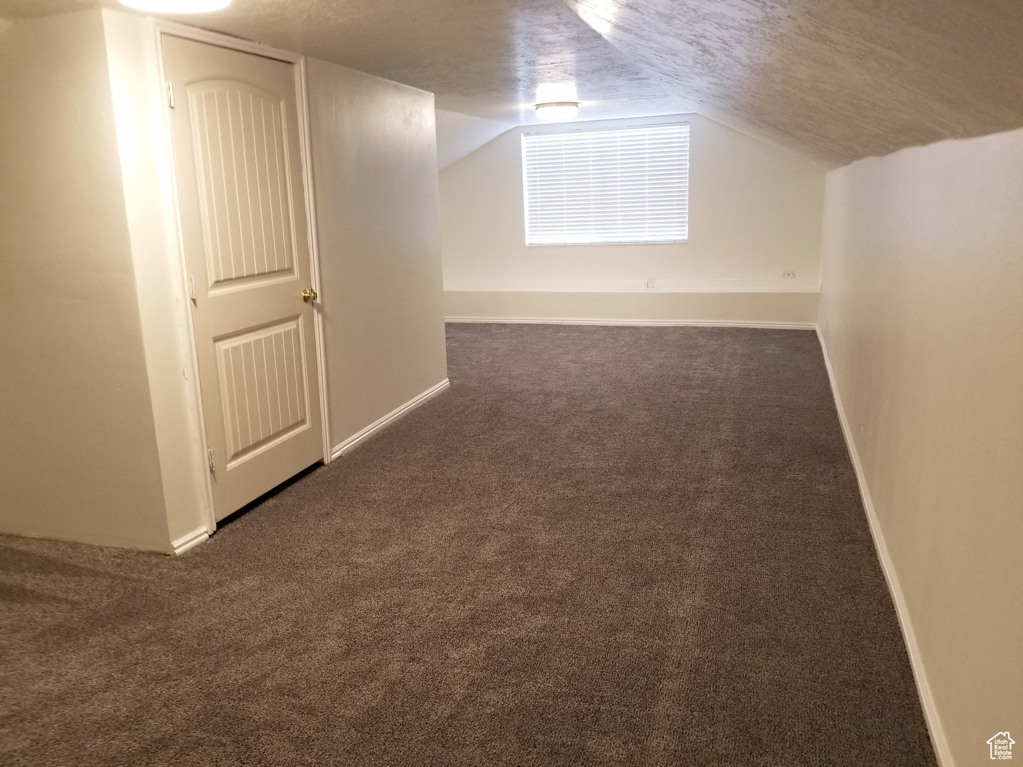 Bonus room featuring vaulted ceiling, dark carpet, and a textured ceiling