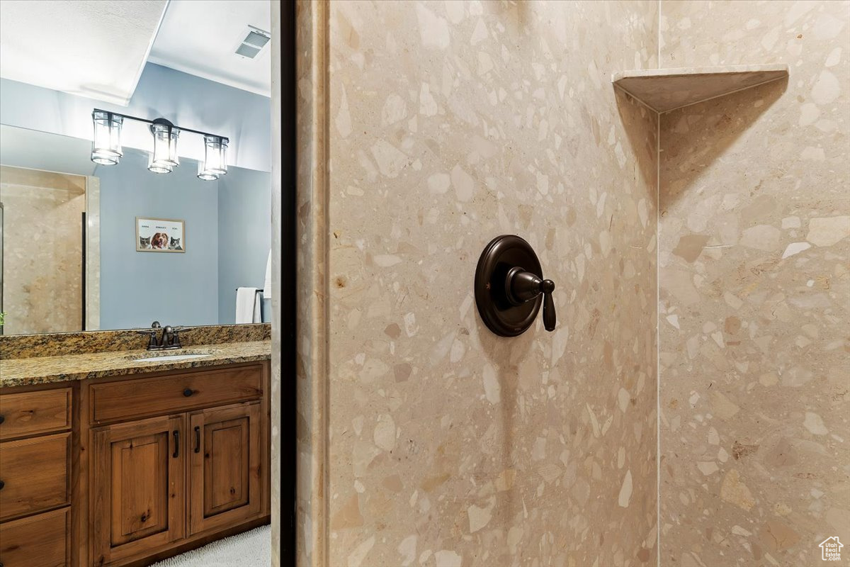 Basement Bathroom featuring walk in shower and vanity