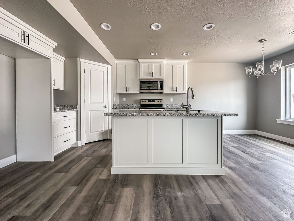 Kitchen featuring white cabinets, dark hardwood / wood-style flooring, and appliances with stainless steel finishes