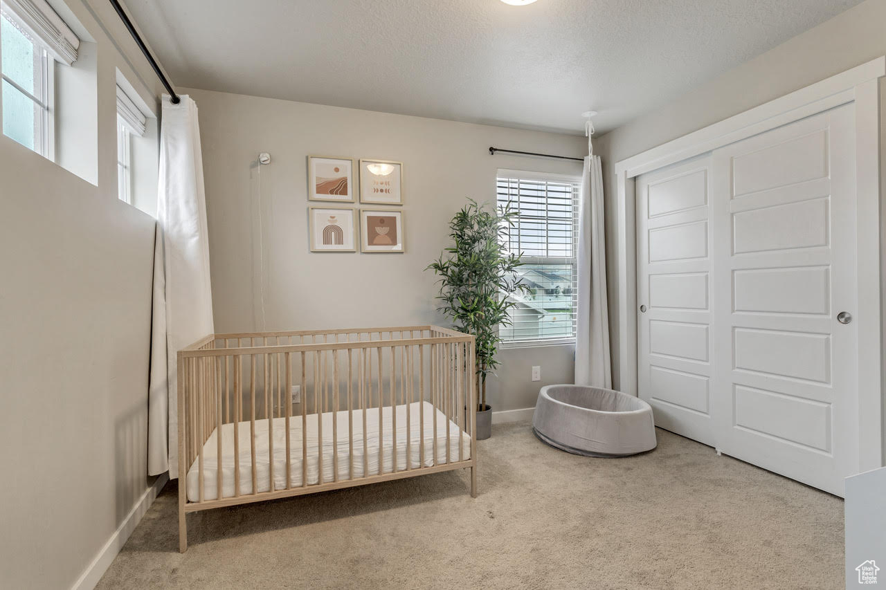 Carpeted bedroom featuring a closet and a nursery area