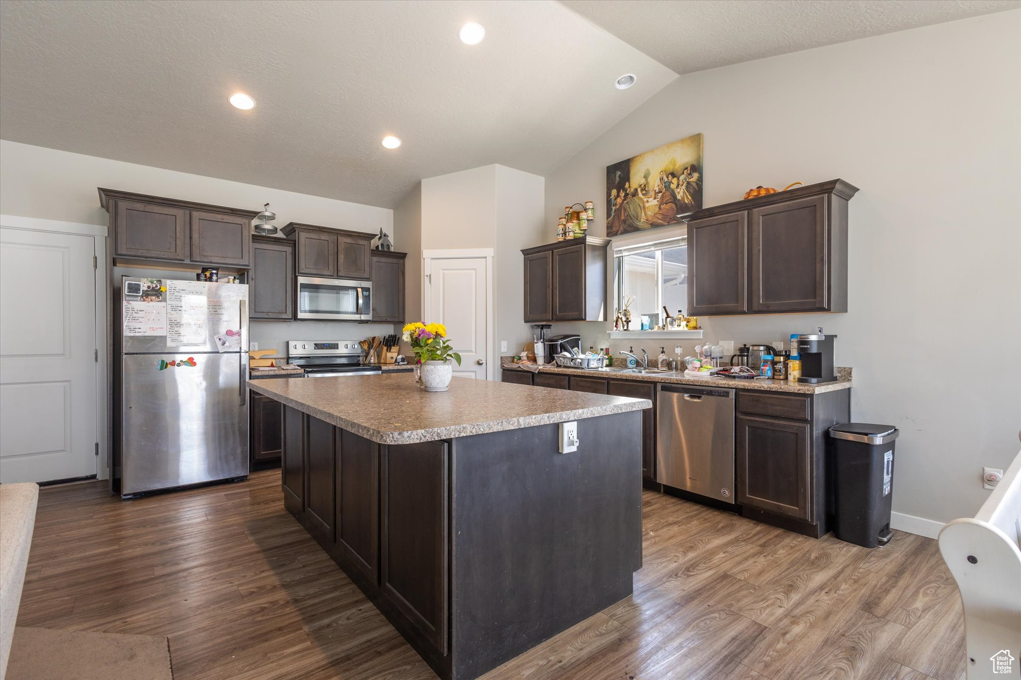 Kitchen featuring dark brown cabinets, dark hardwood / wood-style flooring, appliances with stainless steel finishes, and a center island