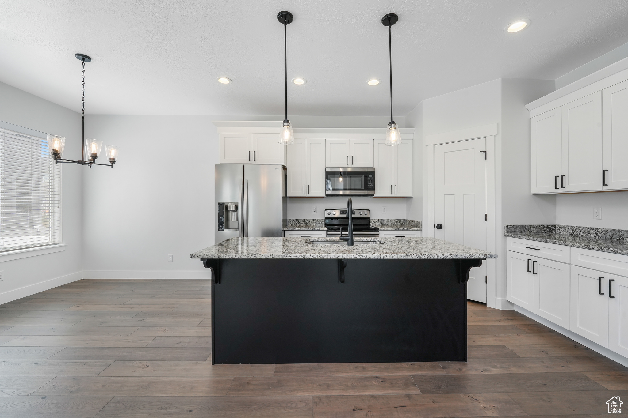 Kitchen with hanging light fixtures, stainless steel appliances, and dark hardwood / wood-style flooring