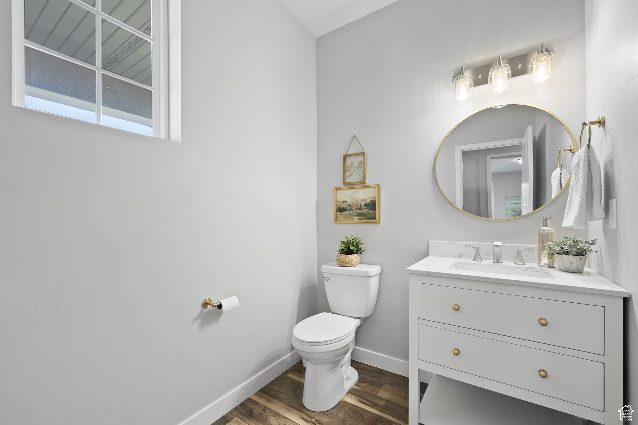 Bathroom with hardwood / wood-style floors, oversized vanity, and toilet