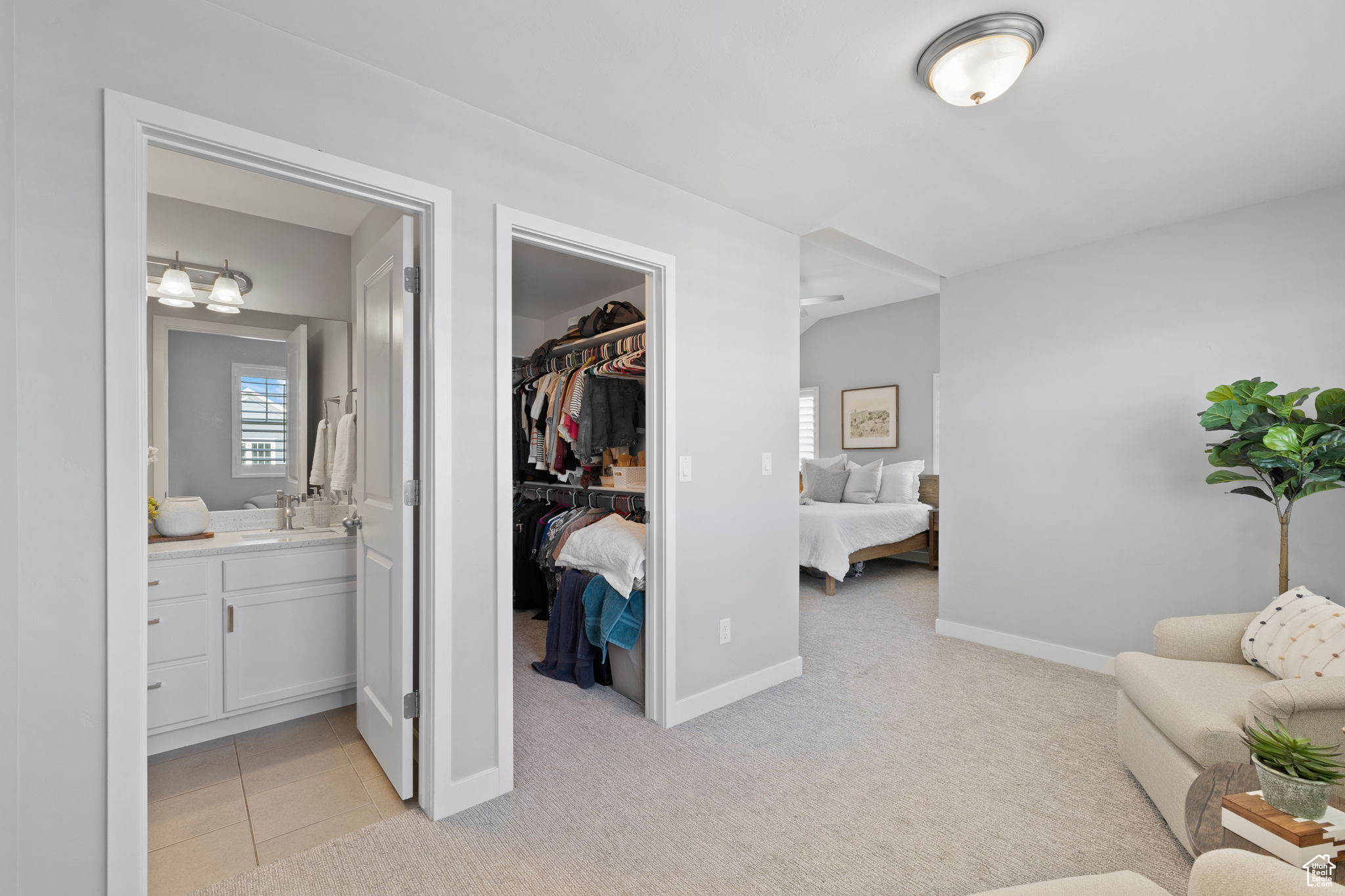 Carpeted bedroom with a closet, a walk in closet, and ensuite bathroom