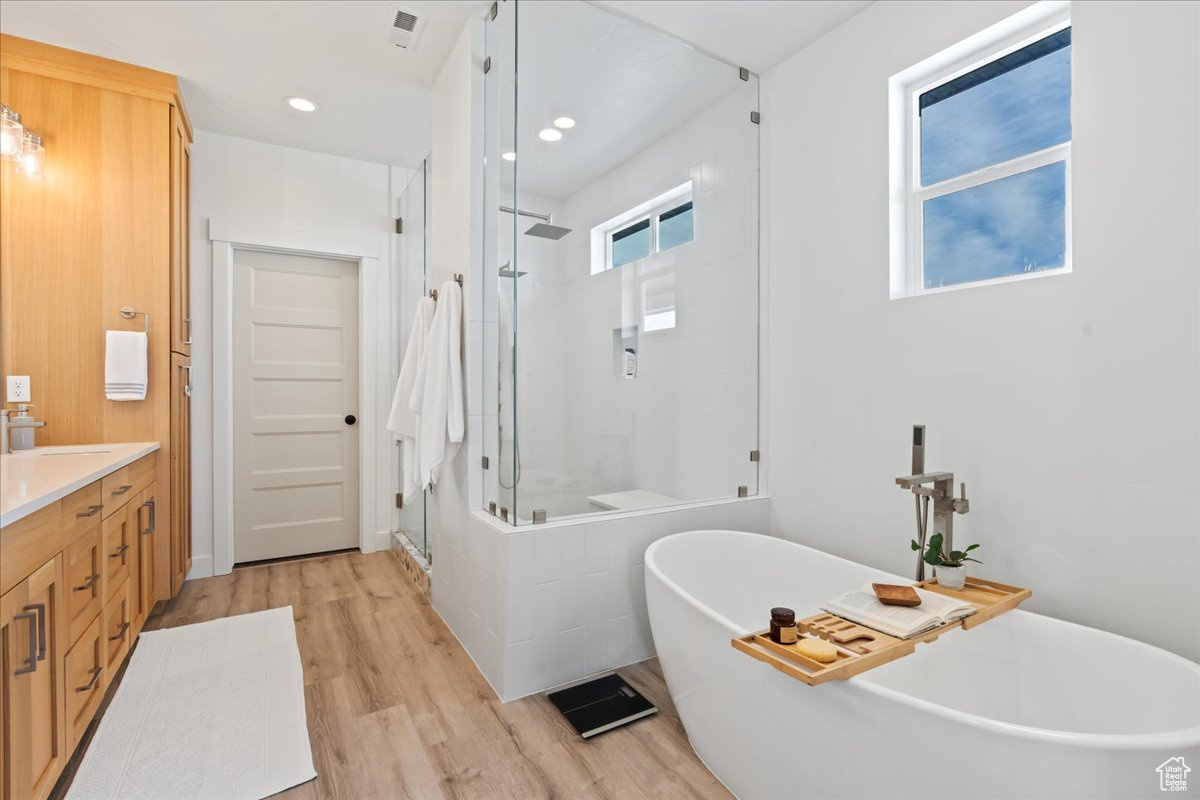 Bathroom featuring plenty of natural light, vanity, hardwood / wood-style flooring, and separate shower and tub