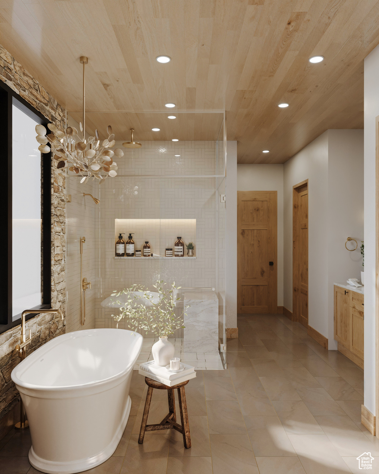 Bathroom featuring tile floors, shower with separate bathtub, vanity, and wooden ceiling