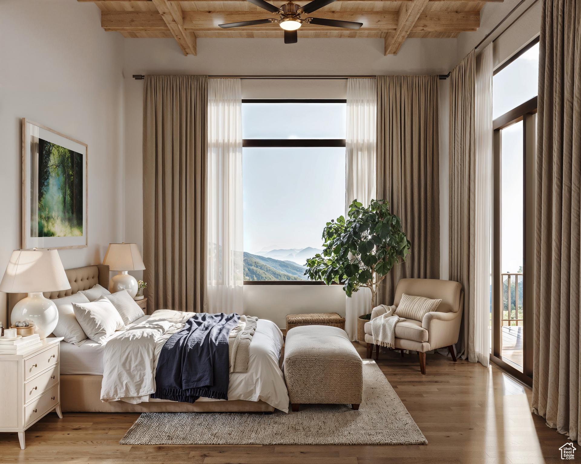 Bedroom featuring ceiling fan, access to exterior, beam ceiling, and wood-type flooring