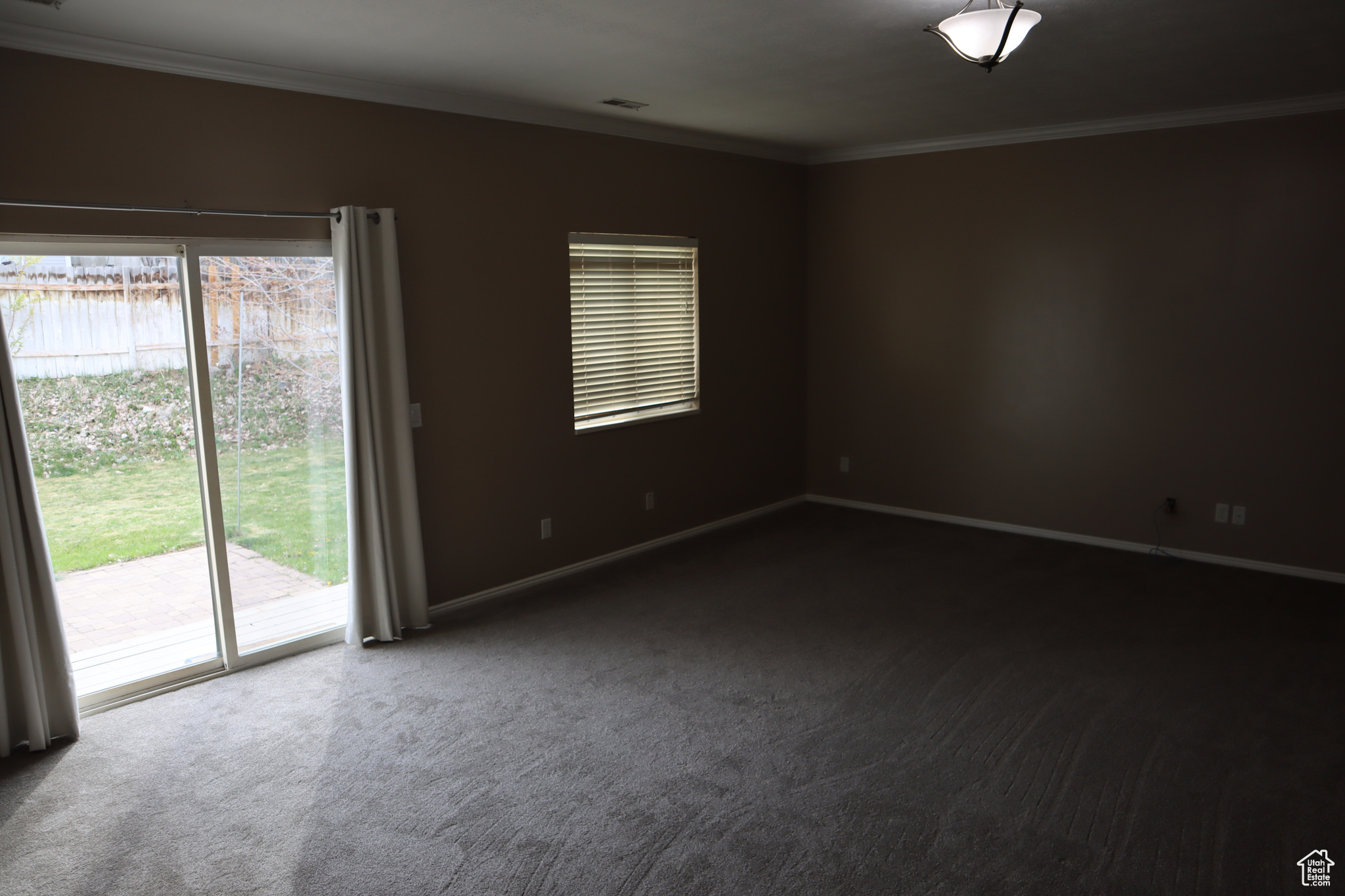 Carpeted spare room featuring a wealth of natural light and crown molding