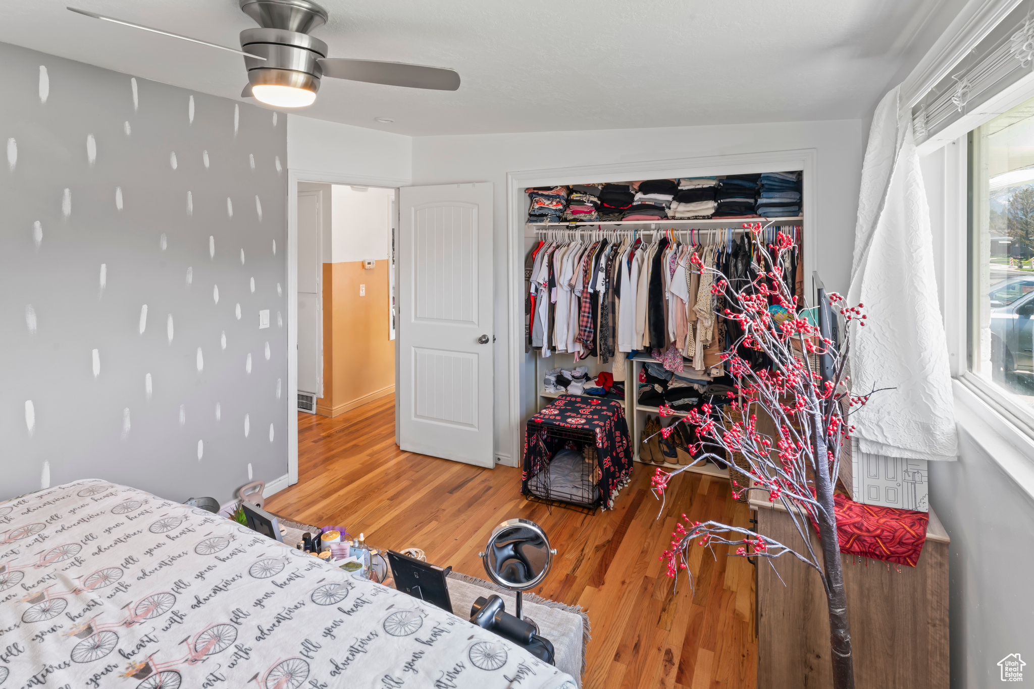 Bedroom with wood-type flooring, ceiling fan, and a closet