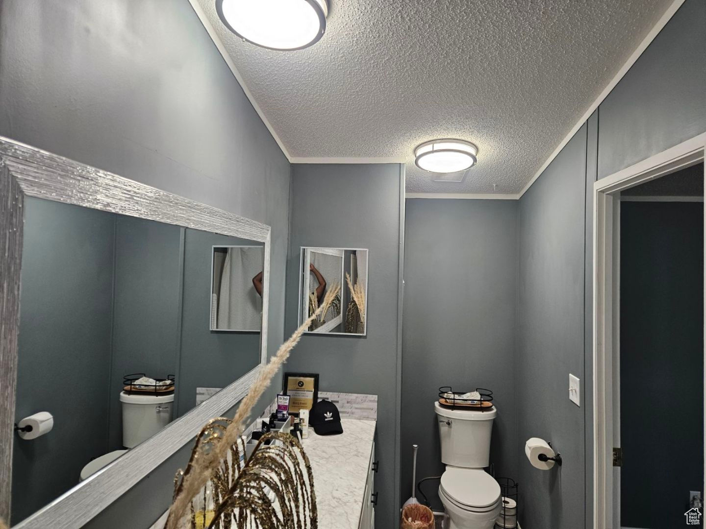 Bathroom with toilet, vanity, and a textured ceiling