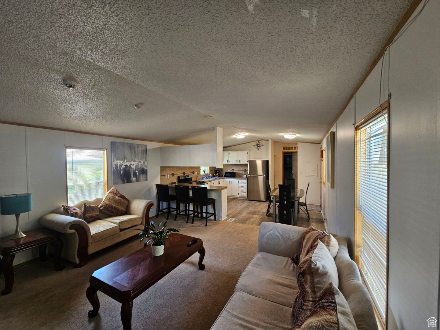 Carpeted living room with a textured ceiling