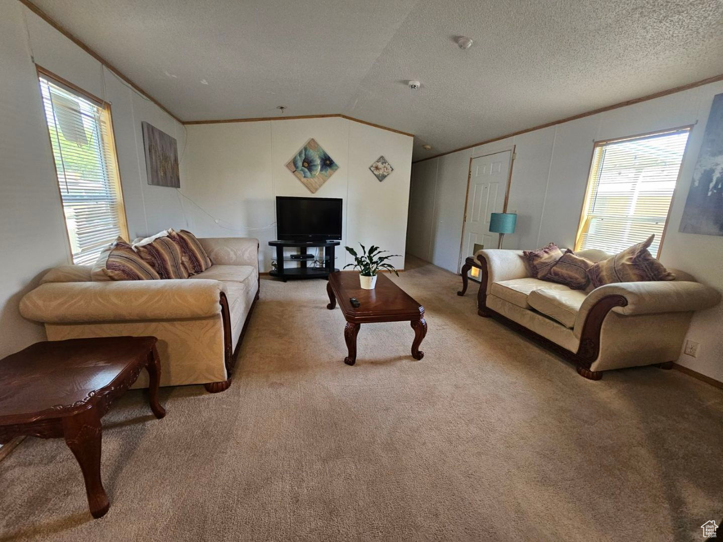 Carpeted living room featuring a textured ceiling, vaulted ceiling, crown molding, and plenty of natural light