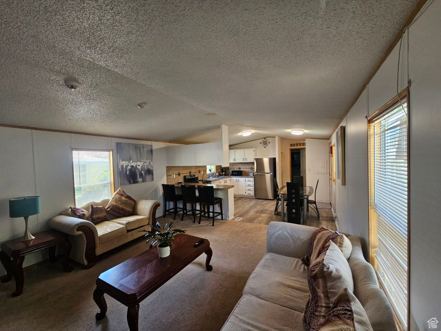 Carpeted living room featuring a textured ceiling