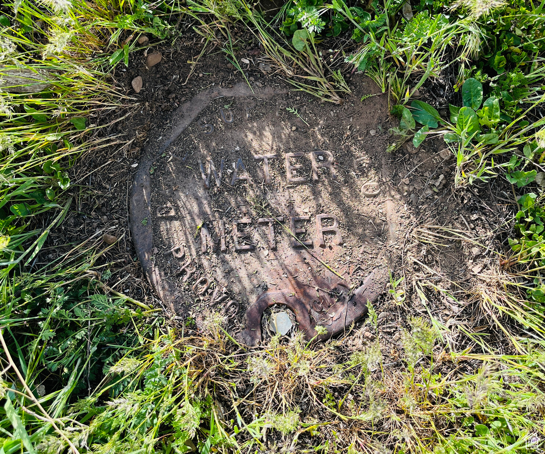 Water meter cover located in front of lot near the street.