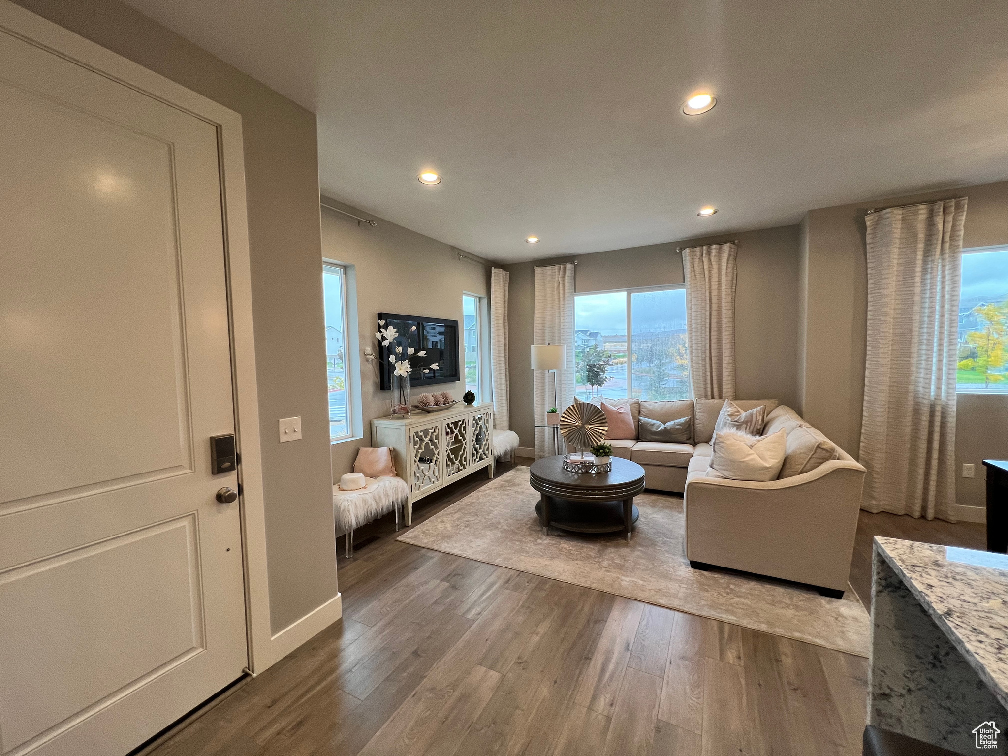 Living room featuring dark hardwood / wood-style flooring