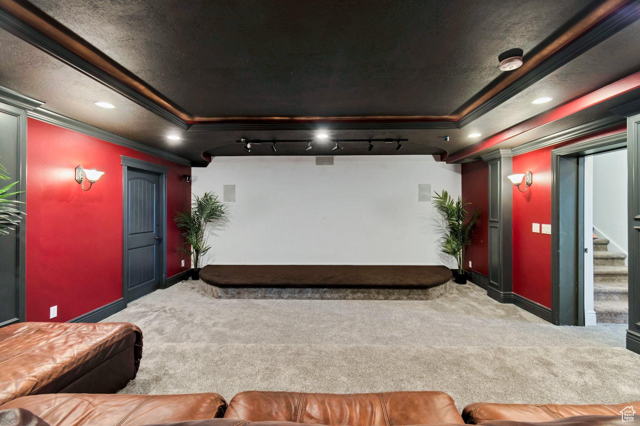 Home theater room with carpet flooring, crown molding, and a raised ceiling