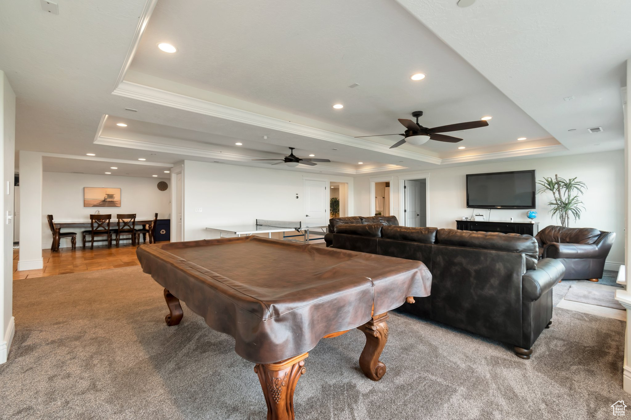 Recreation room featuring carpet flooring, pool table, ceiling fan, and a tray ceiling