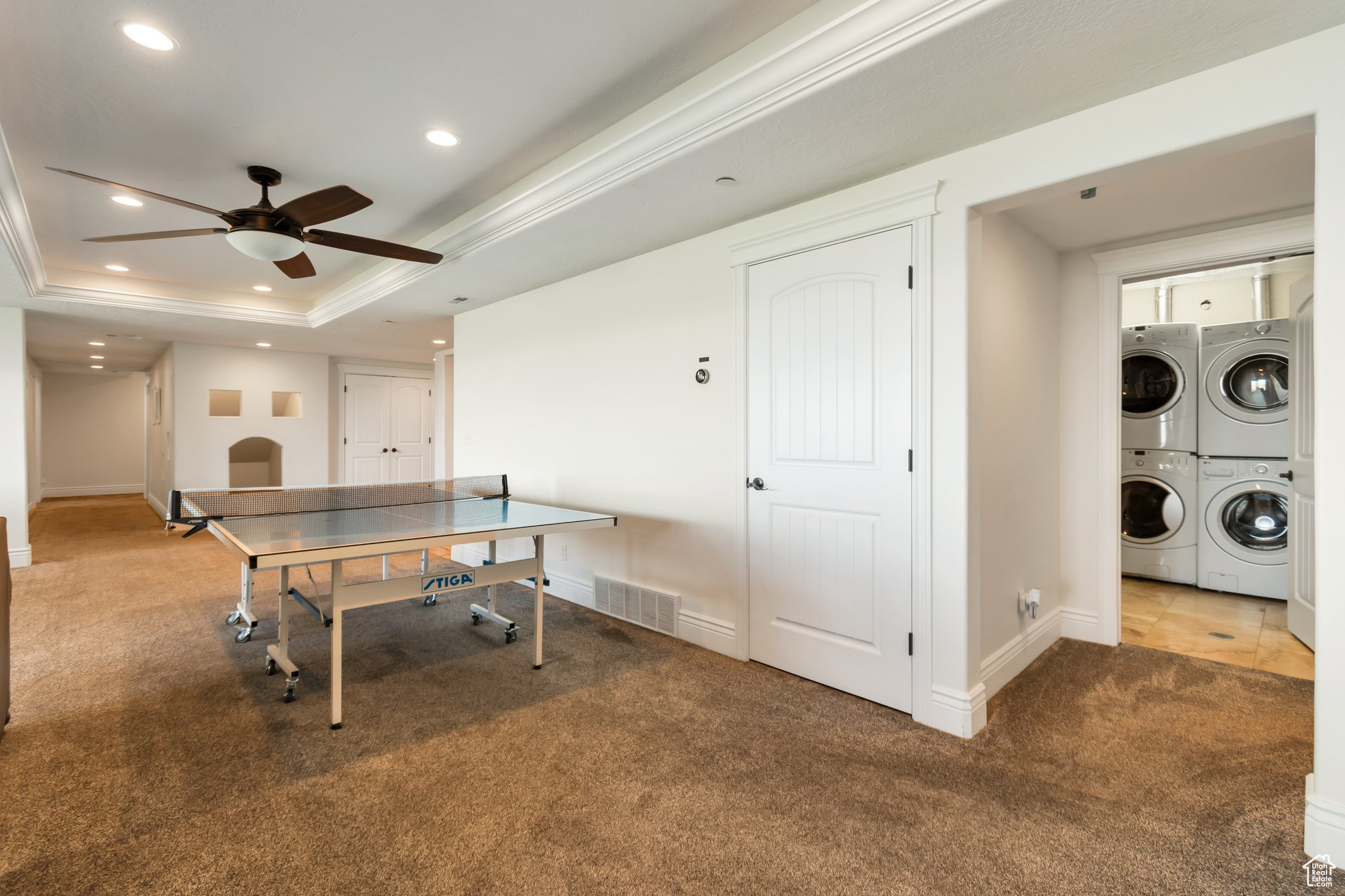 Game room with carpet floors, ceiling fan, a tray ceiling, and washer and clothes dryer