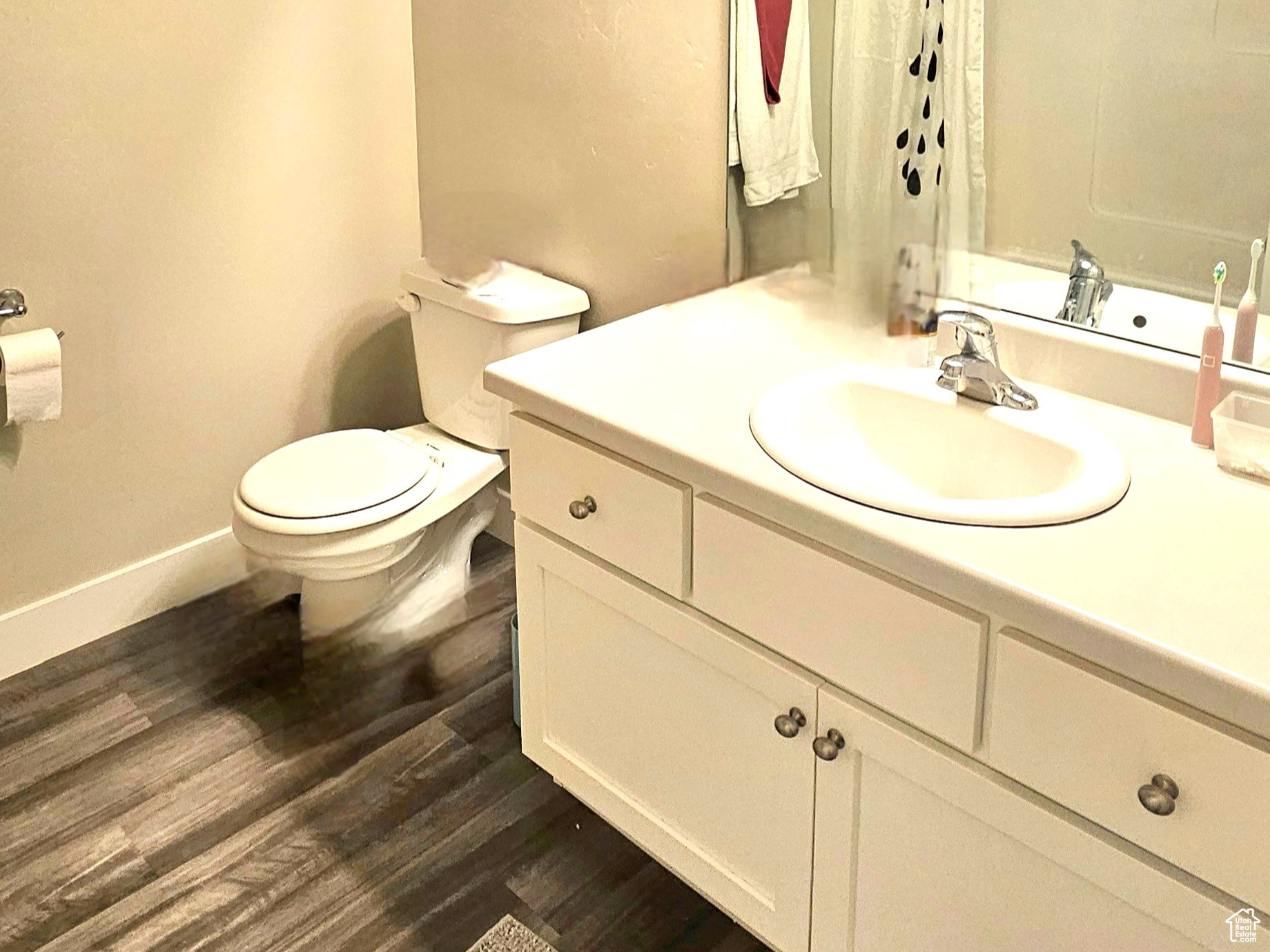 Hall Bathroom #2 with wood-type flooring, vanity, and toilet