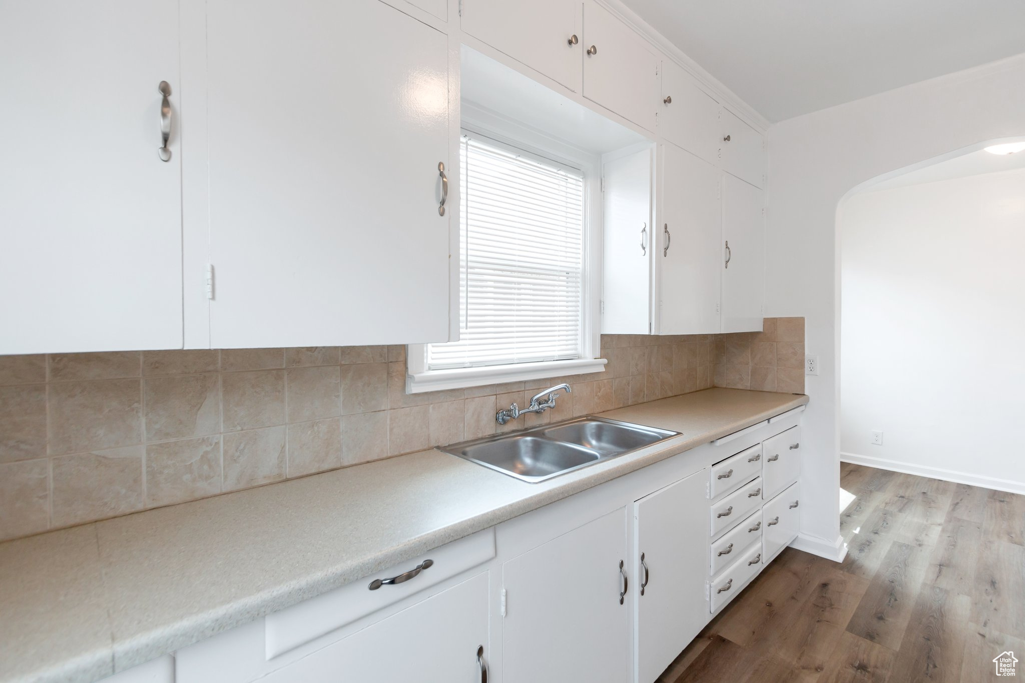 Kitchen with hardwood / wood-style flooring, tasteful backsplash, white cabinetry, and sink