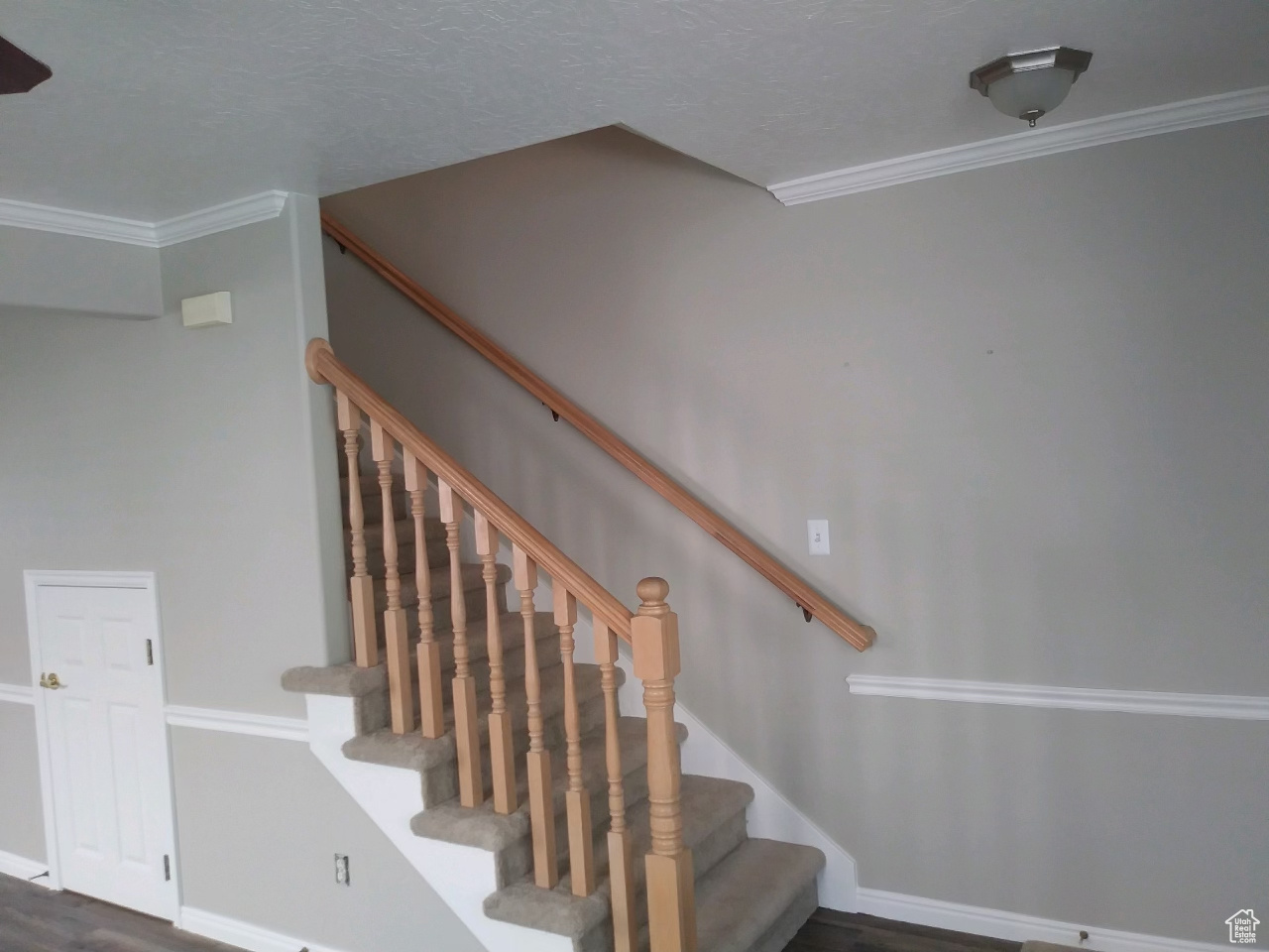 Stairway featuring crown molding and dark wood-type flooring