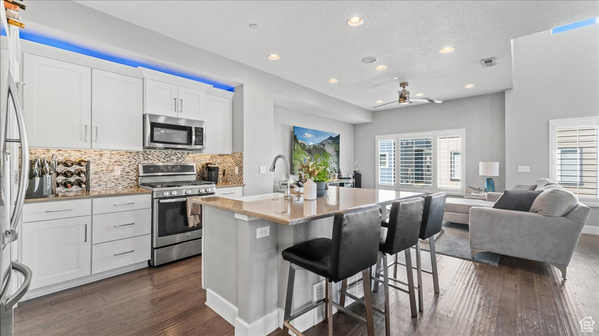 Kitchen with appliances with stainless steel finishes, white cabinets, tasteful backsplash, dark wood-type flooring, and a center island with sink
