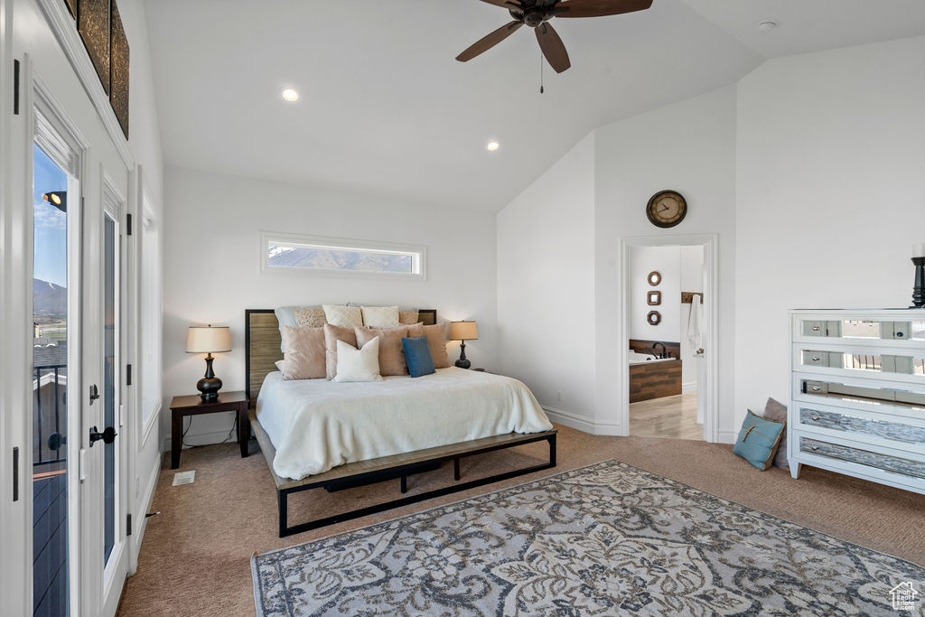 Bedroom featuring high vaulted ceiling, carpet floors, ceiling fan, and access to outside