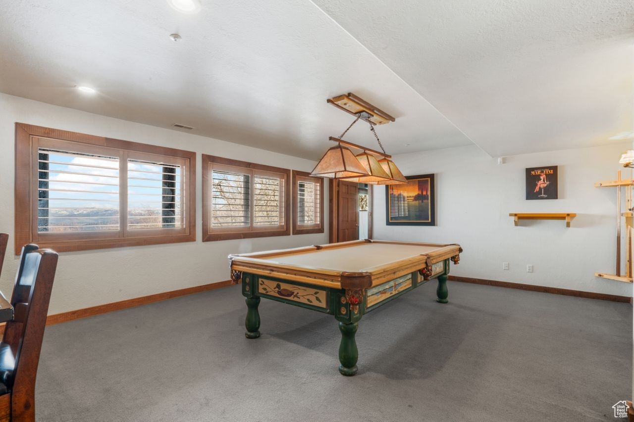 Playroom featuring carpet floors and billiards