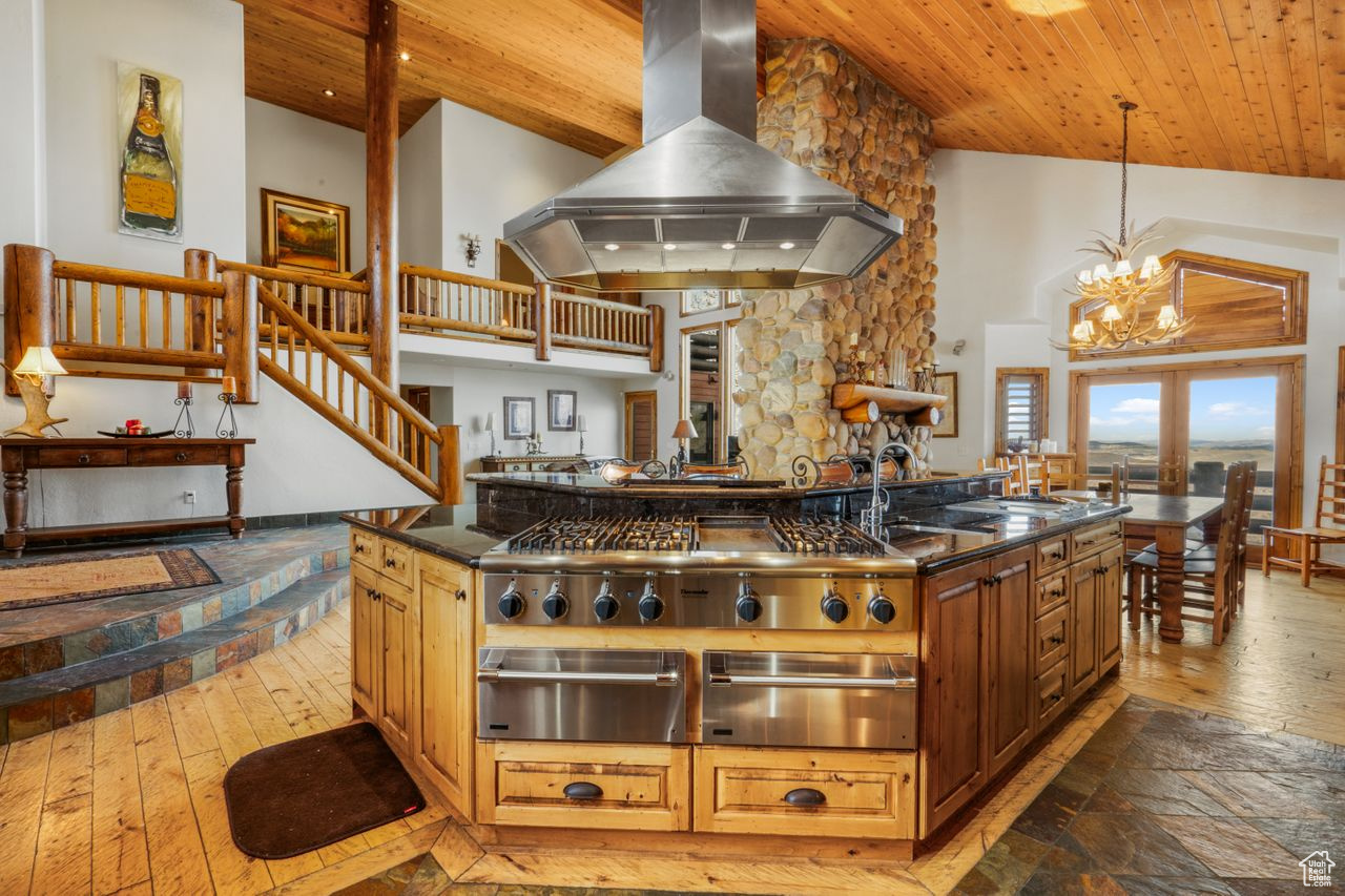 Kitchen with wooden ceiling, a center island with sink, island exhaust hood, and hardwood / wood-style flooring
