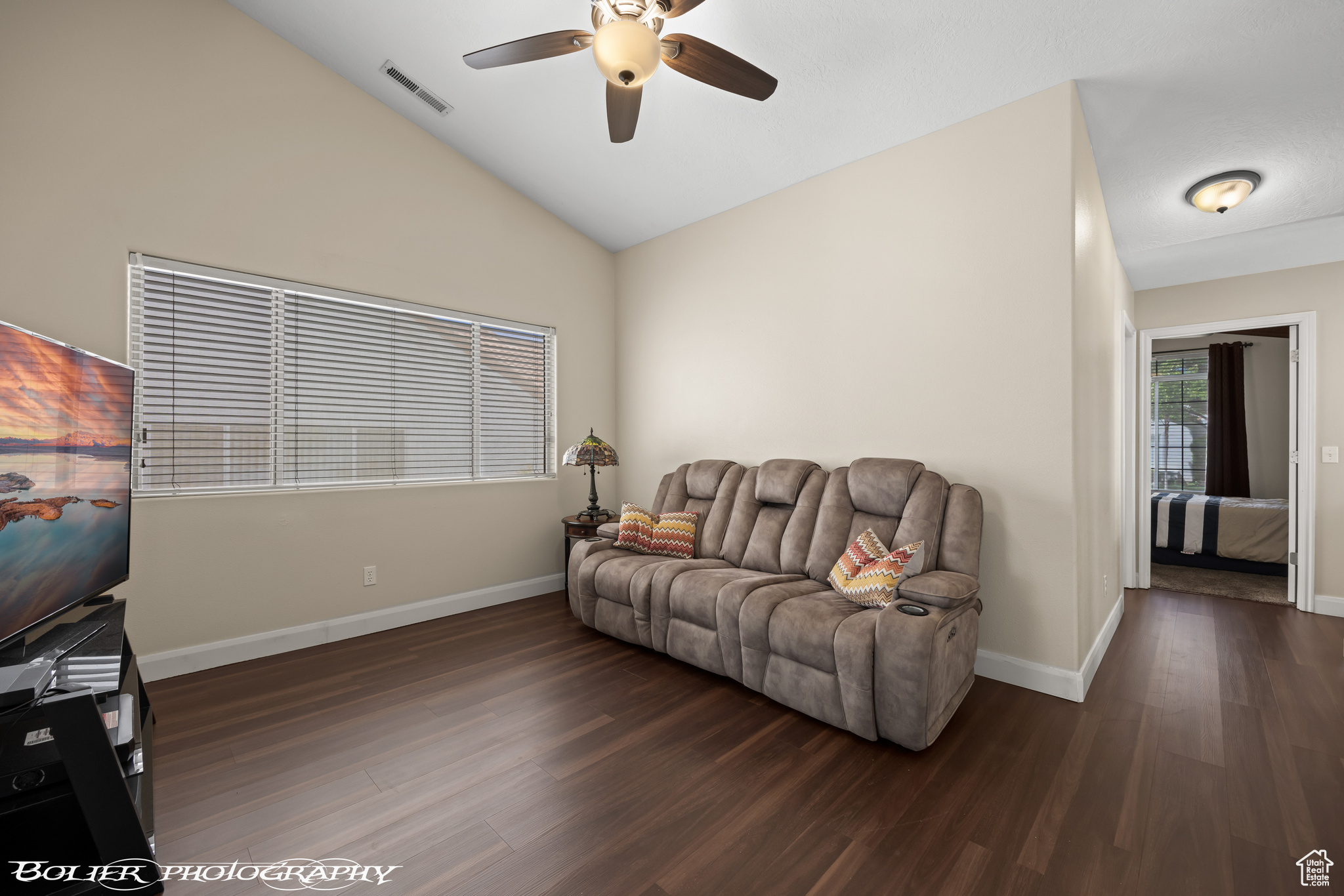 Second Living Area featuring ceiling fan, lofted ceiling, and dark wood-type flooring