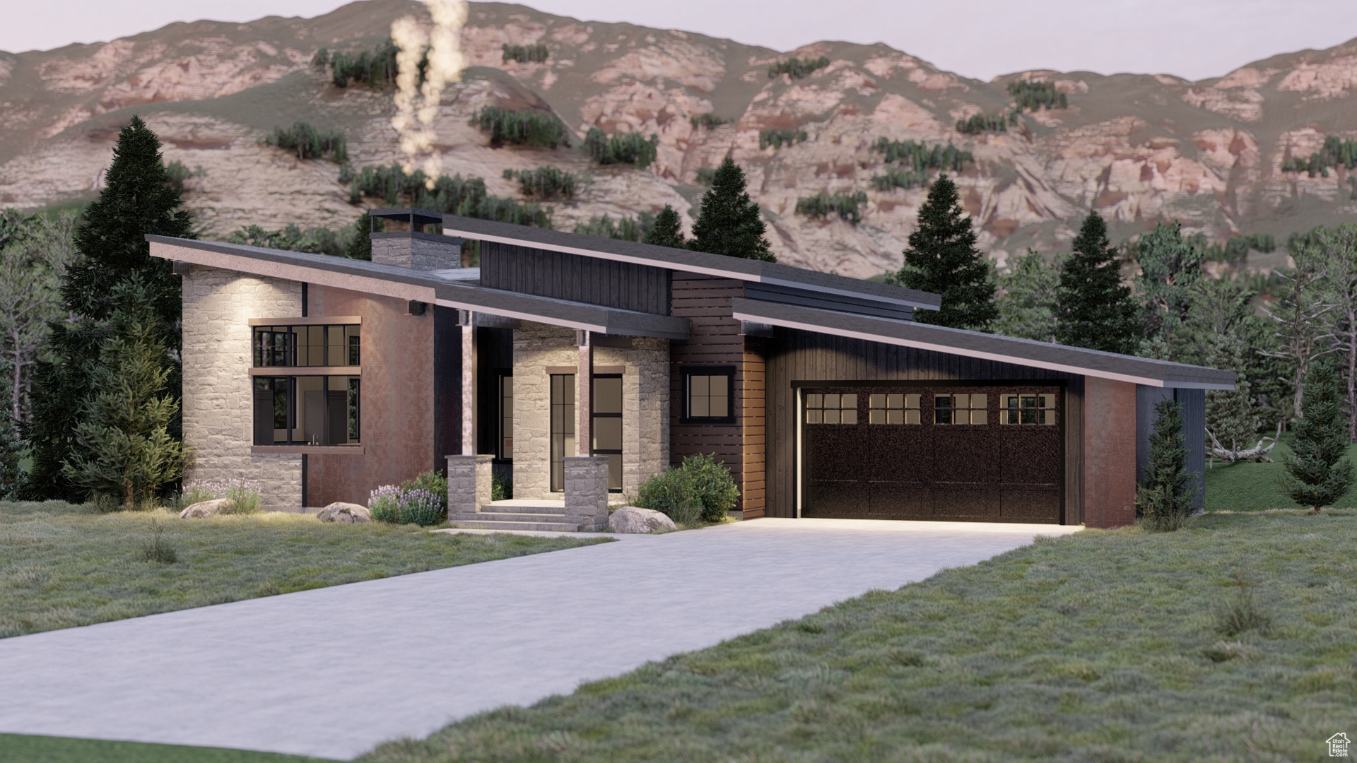 Contemporary house featuring a mountain view, a garage, and a front yard
