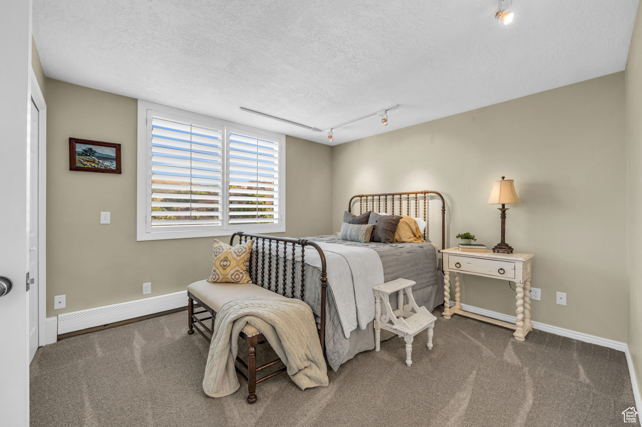 Bedroom featuring carpet, track lighting, a baseboard heating unit with an on-suite bathroom
