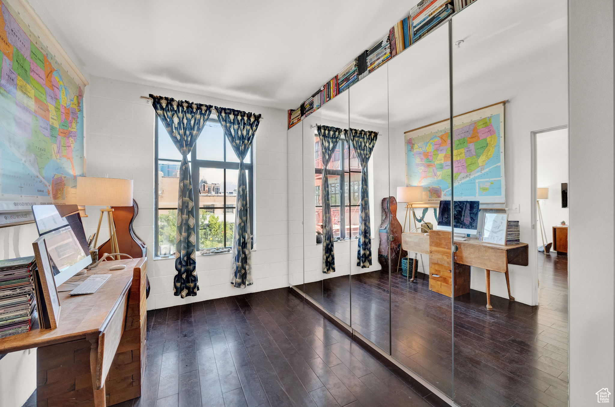 Office featuring french doors and dark hardwood / wood-style floors