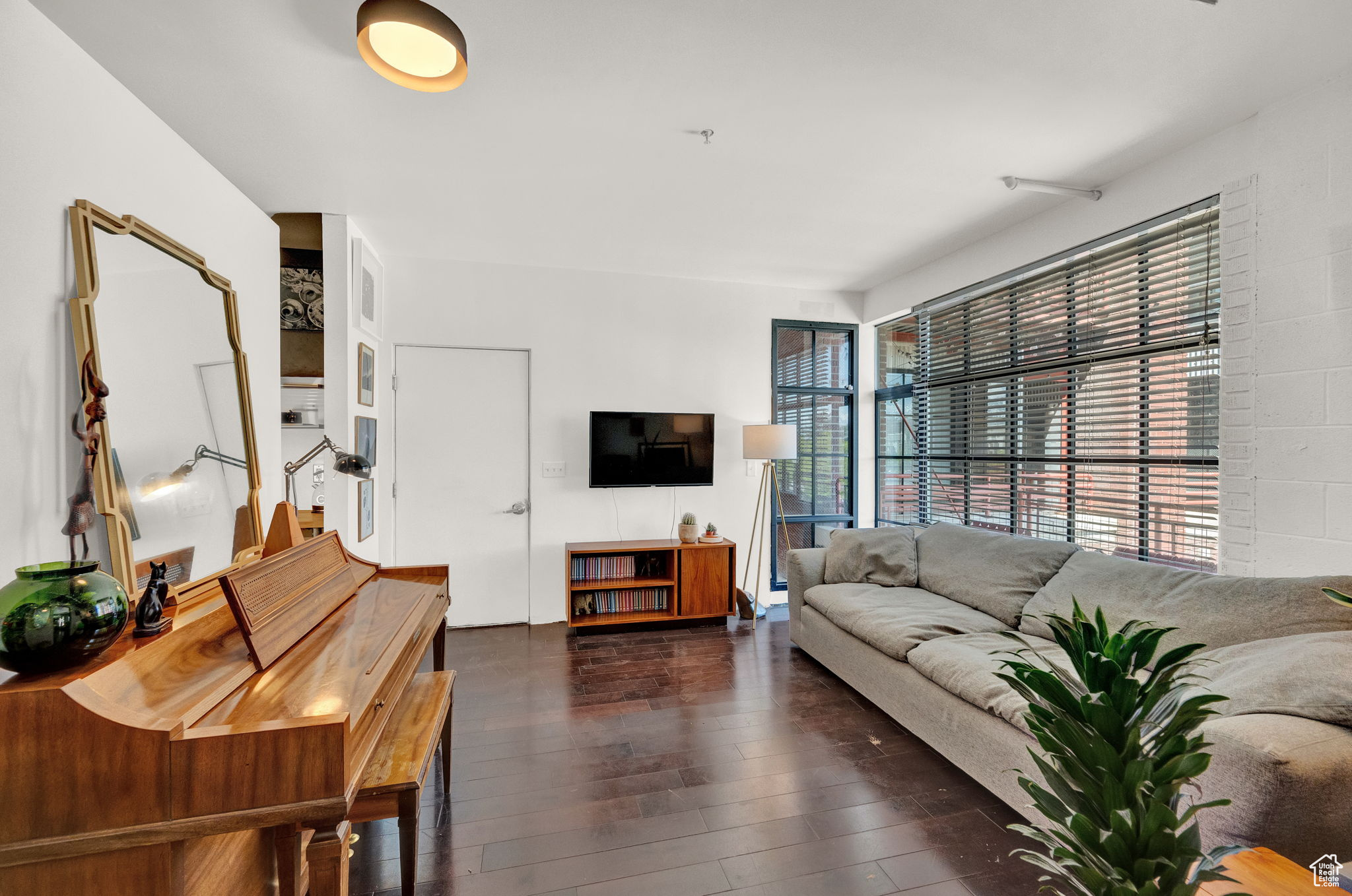 Living room with dark hardwood / wood-style floors