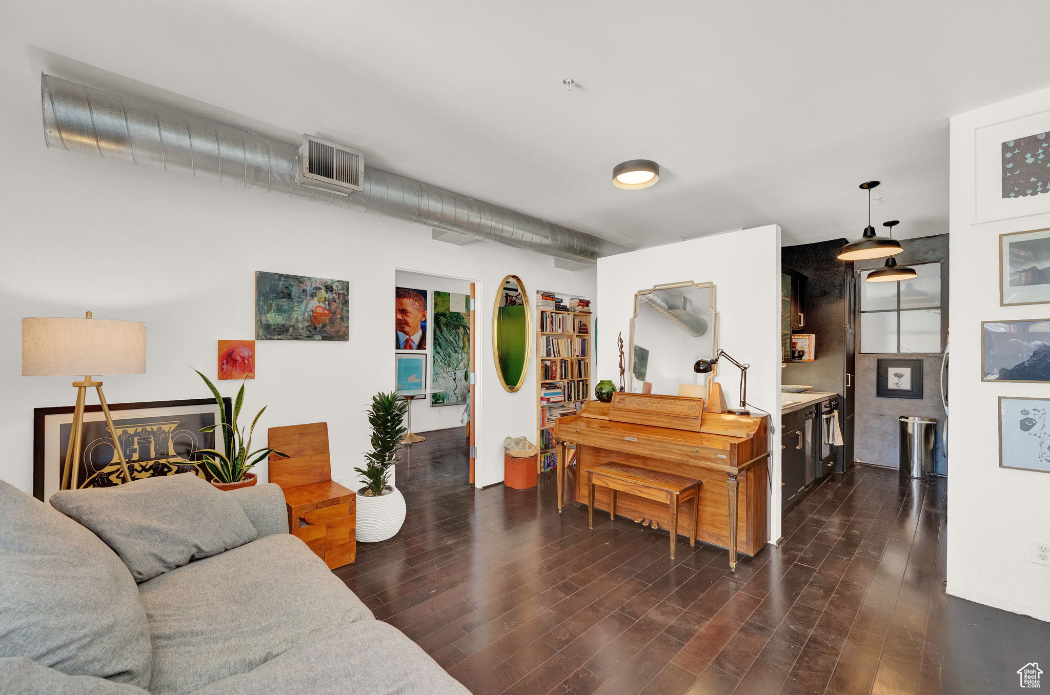 Living room featuring dark wood-type flooring